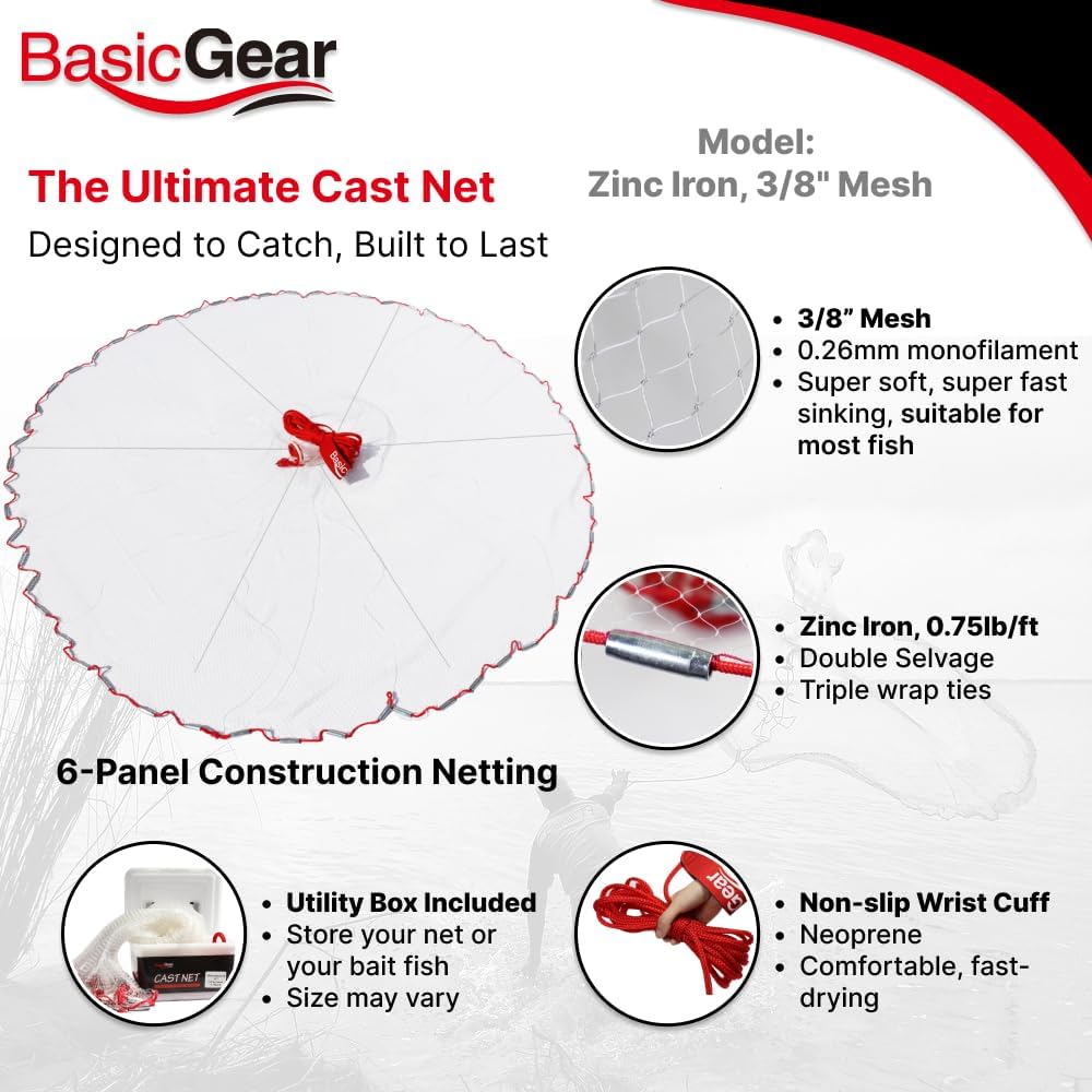BasicGear Cast Net | 3ft-12ft Radius, 3/8 or 1/4 inch Mesh for Freshwater and Saltwater Bait Fish| Professional Grade and Upgraded Material | Throw Style - Image 2