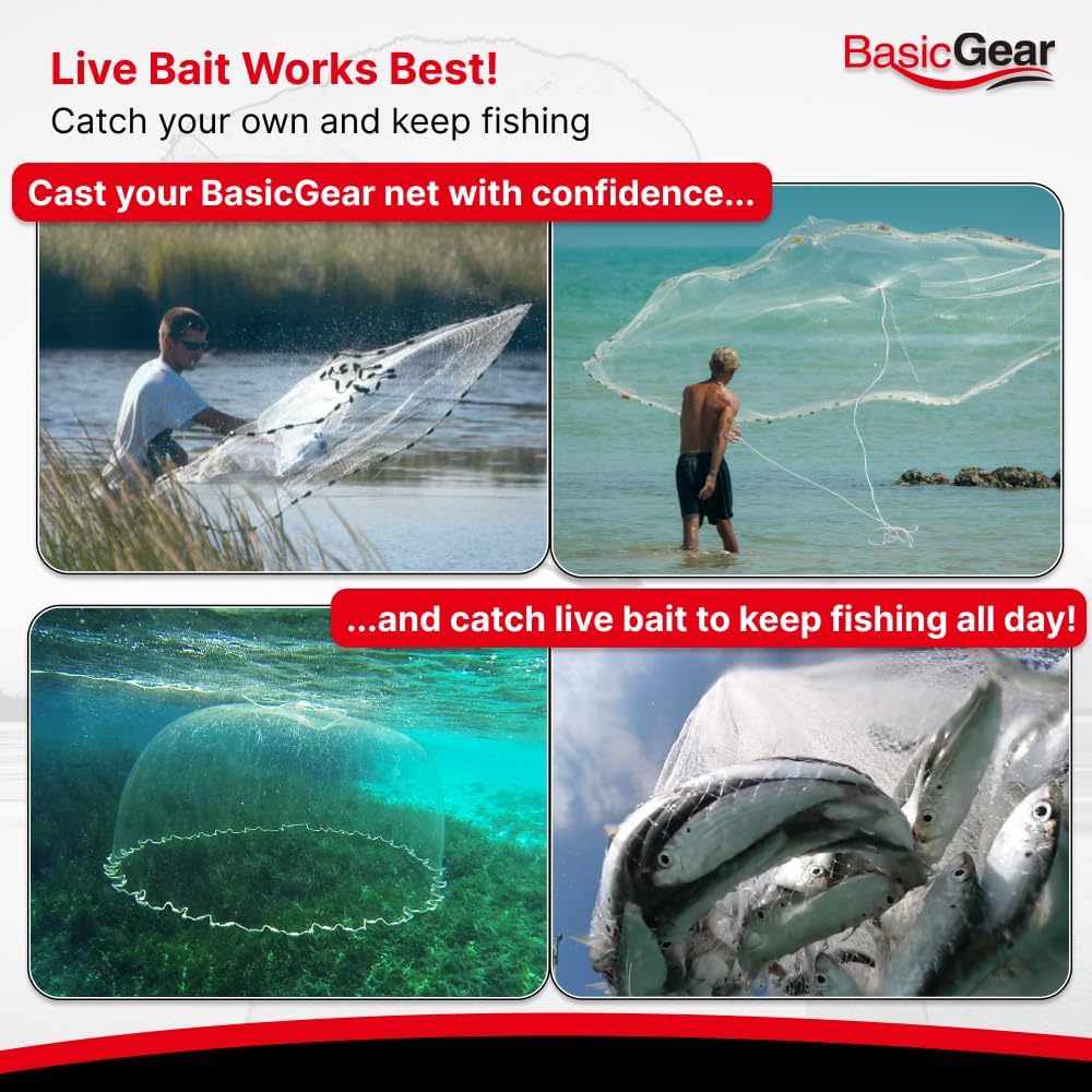 BasicGear Cast Net | 3ft-12ft Radius, 3/8 or 1/4 inch Mesh for Freshwater and Saltwater Bait Fish| Professional Grade and Upgraded Material | Throw Style - Image 3