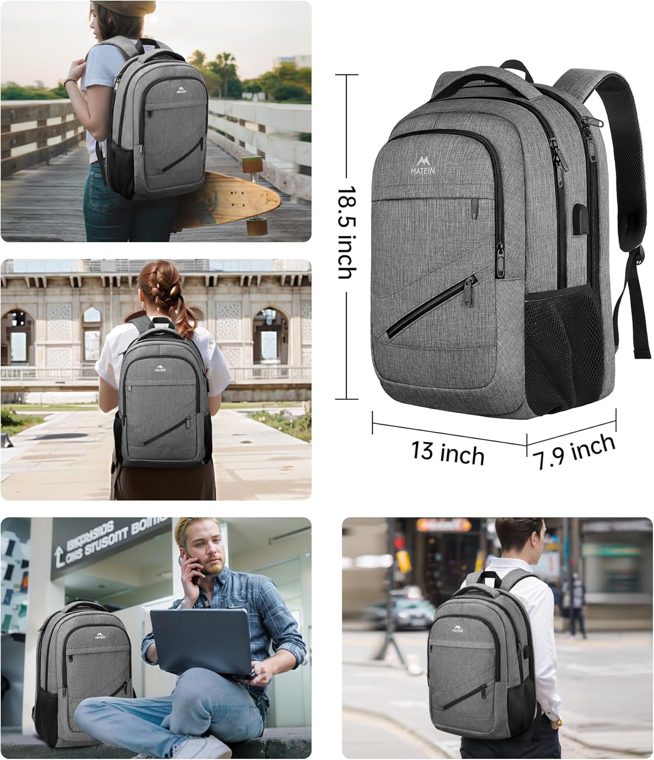 MATEIN Travel Laptop Backpack, 17 Inch Work TSA Approved Carry on Backpack, Large Computer Business Bag for Men Women with USB Port and Trolley Sleeve, College School Rucksack Book Bag, Grey - Image 5