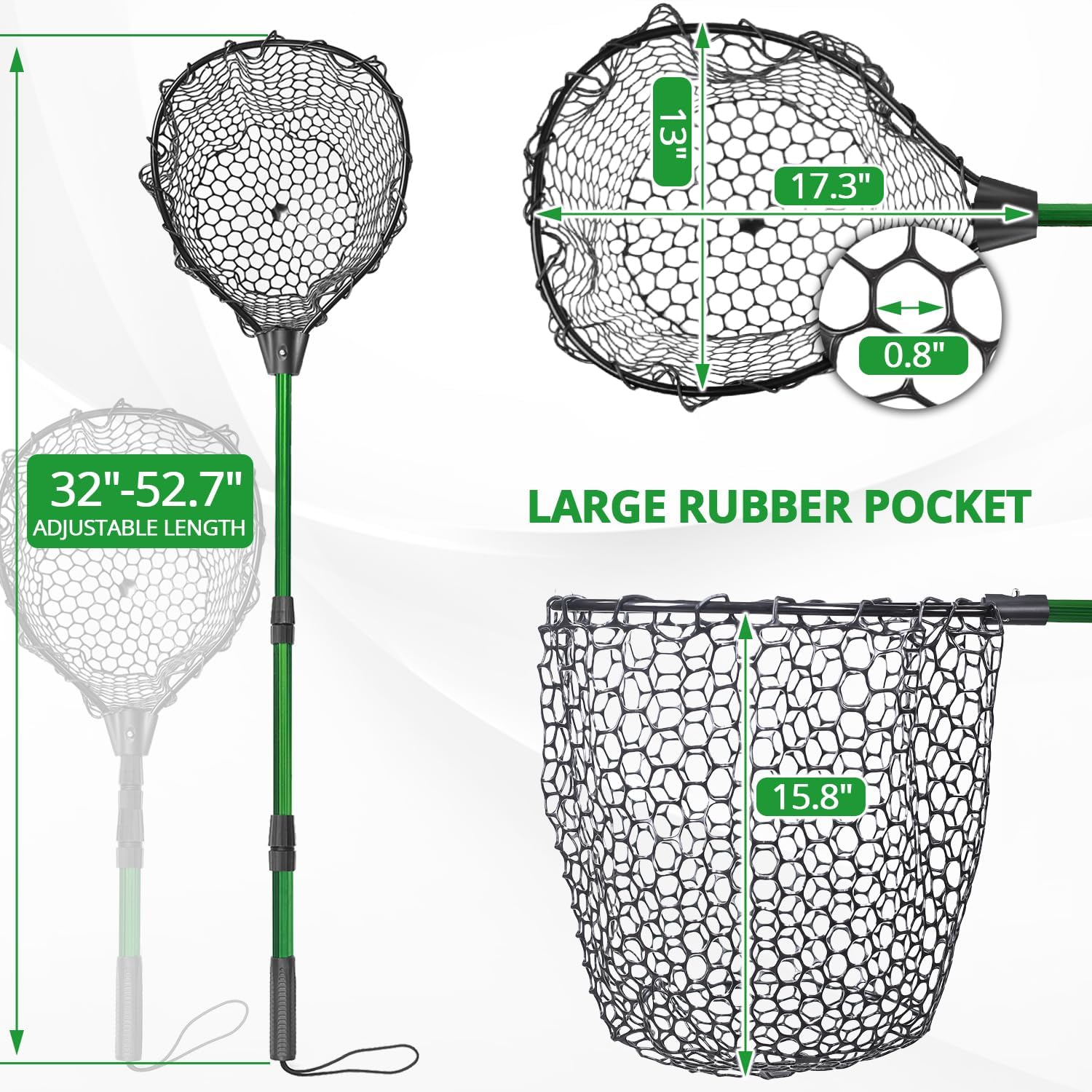 Rubber Fishing Net with Telescoping Handle - Silicone Fish Nets for Fishing, Aluminum Alloy Landing Net, Telescoping Handle and Rubber Net, Maximum Load 20 Pounds - Image 3